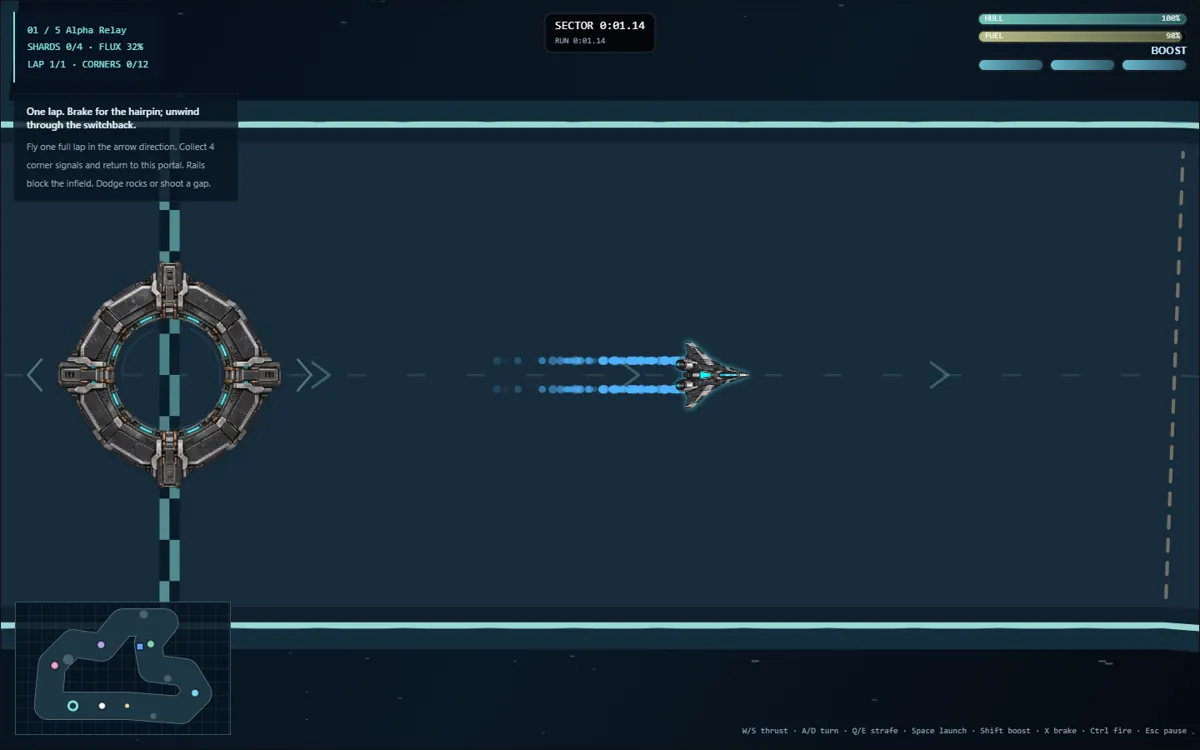 The courier ship boosting away from the launch portal on Alpha Relay, with the lap timer, hull and fuel gauges and the circuit minimap.