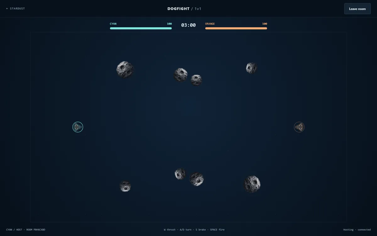 A Dogfight 1v1 arena: a cyan ship and an orange ship facing each other across a field of asteroids, with health bars and a three-minute clock.