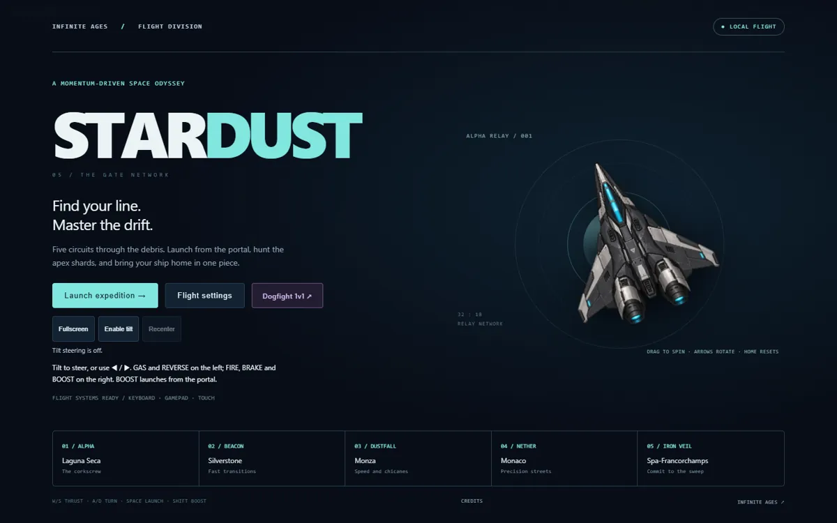 The Stardust hangar screen: the title, a launch button and the courier ship on an orbital display.