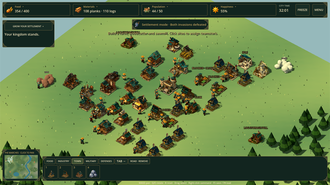 Kingdoms and Caravans city preview with buildings, workers, and surrounding landscape