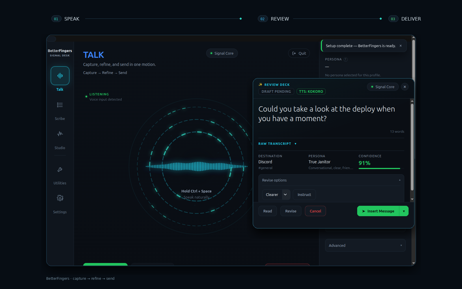 BetterFingers Talk interface with a floating review overlay and labels for Speak, Review, and Deliver