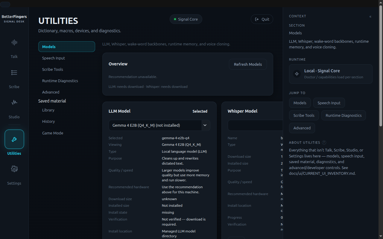 BetterFingers model manager with local runtime, model details, hardware guidance, and install-state controls
