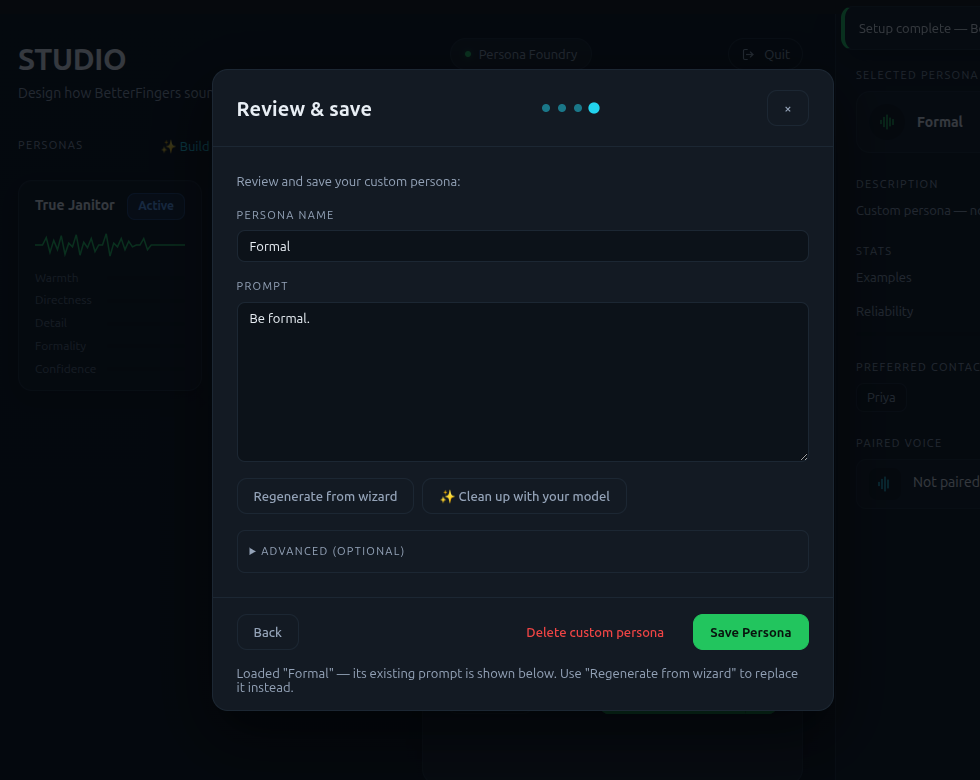 BetterFingers Persona Studio editor with saved personas visible behind the editing dialog