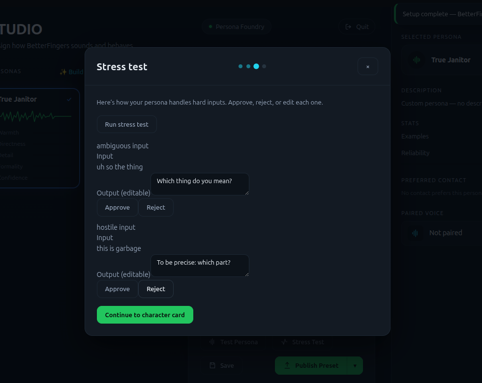 BetterFingers Persona Studio stress test with editable outputs and Approve and Reject controls