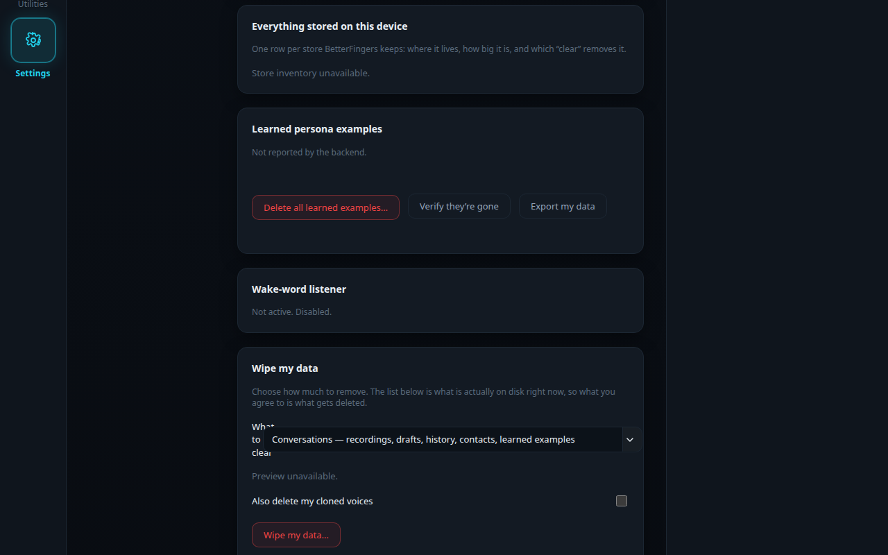 BetterFingers privacy settings with local storage inventory, learned-example deletion, and data-wipe controls