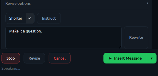 BetterFingers review controls with refined text, raw transcript, persona, and delivery action