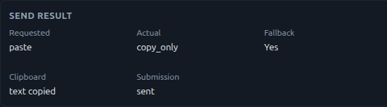 BetterFingers send result with requested delivery, actual fallback, clipboard state, and submission status